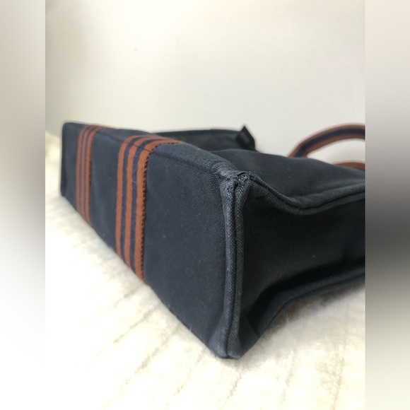 Authentic HERMES Navy Blue & Orange Stripe Cotton Canvas Fourre Tout Tote PM Bag - Picture 4 of 10